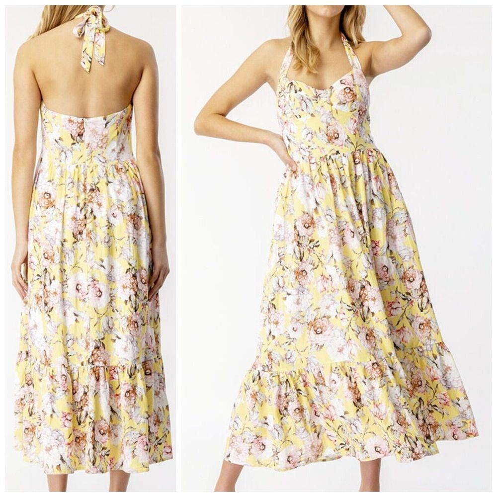 Bardot Dress Women's L Linen Labella Halter Midi Tiered Flounce Floral Back Tie